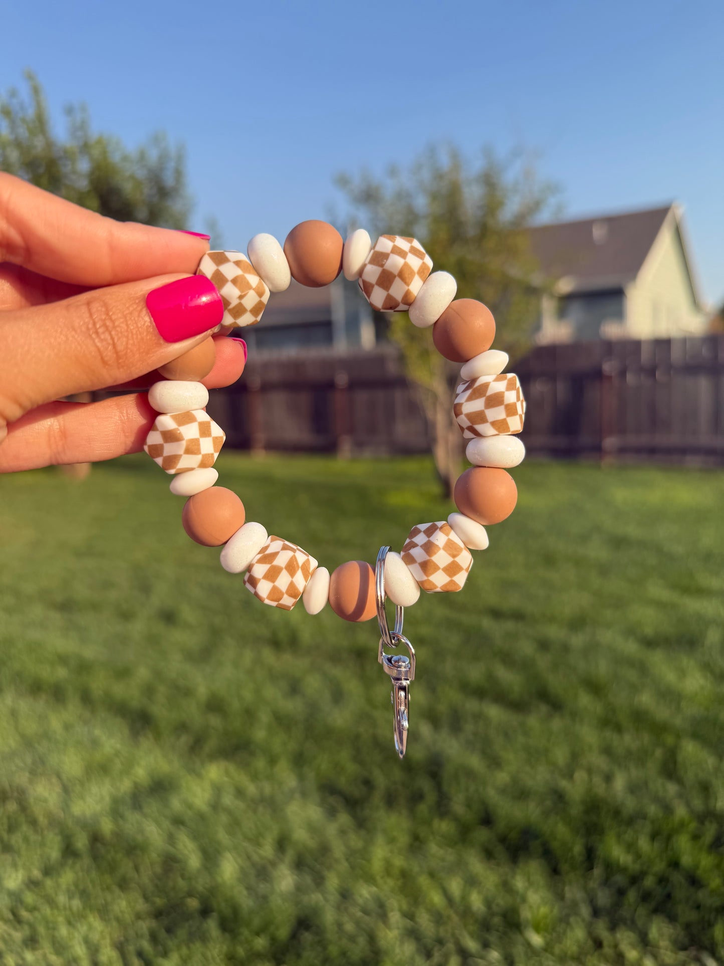 Tan Checkered Key Wristlet