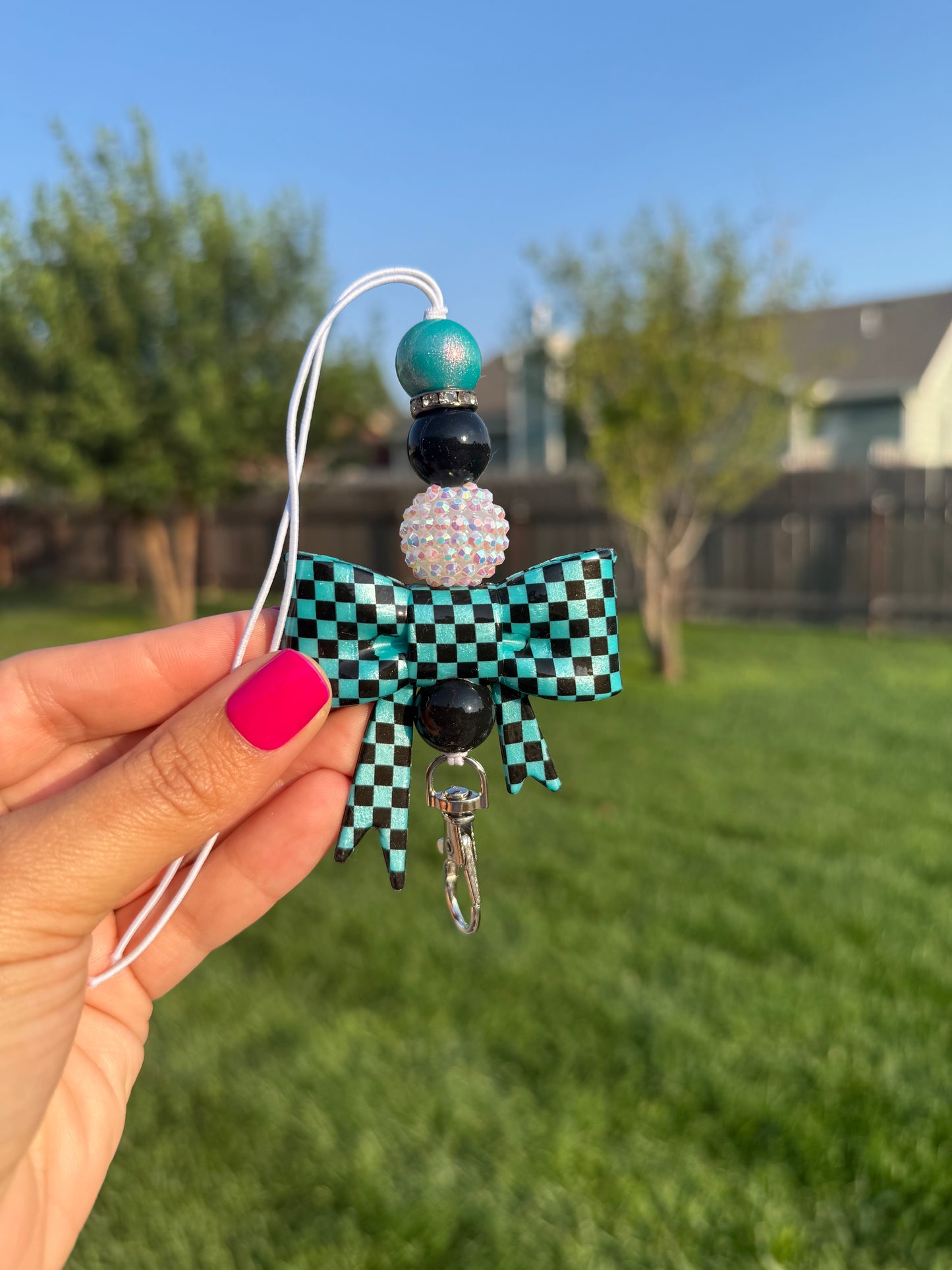 Turquoise Checkered Bow Car Charm