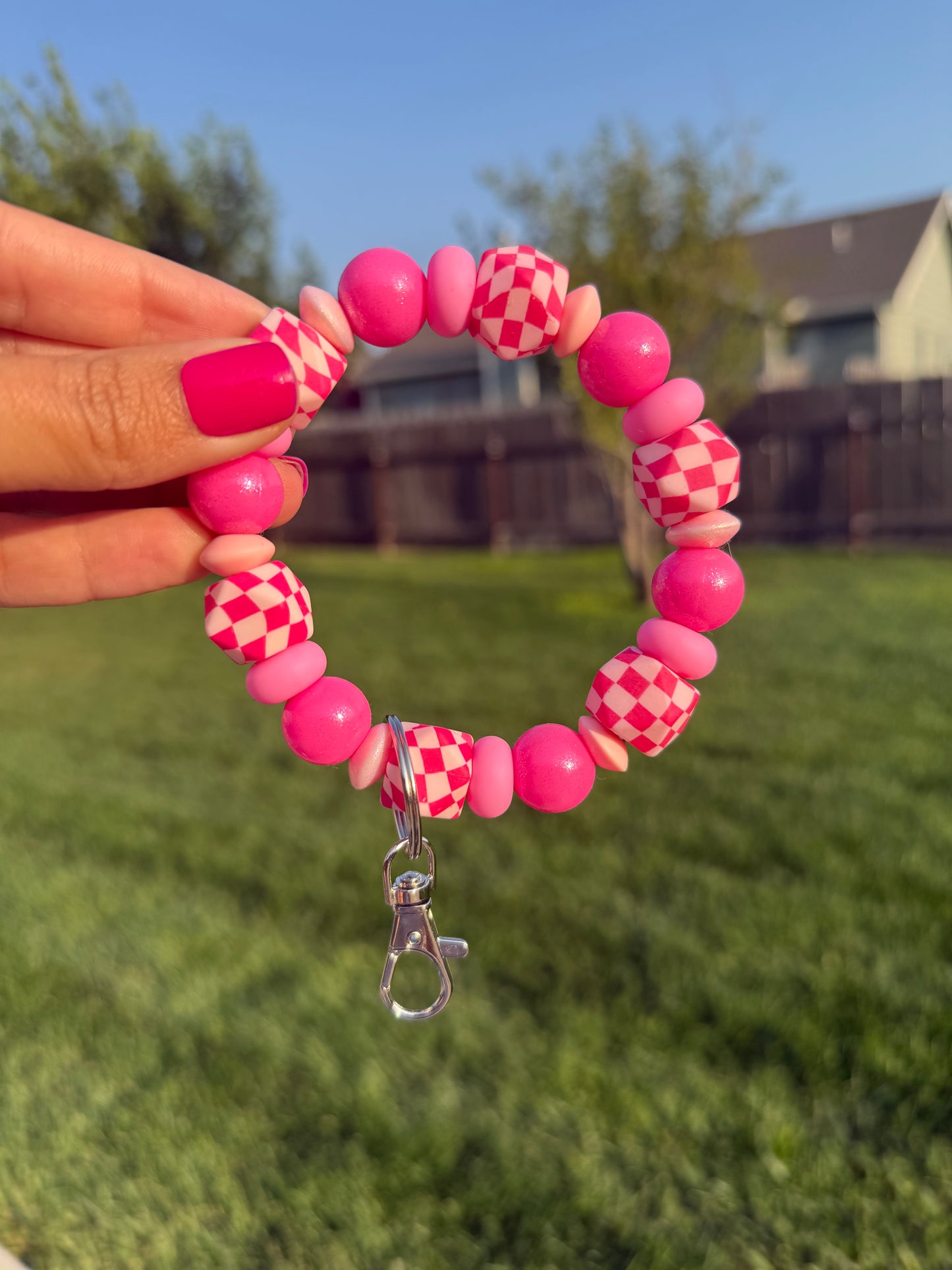 Pink Checkered Key Wristlet