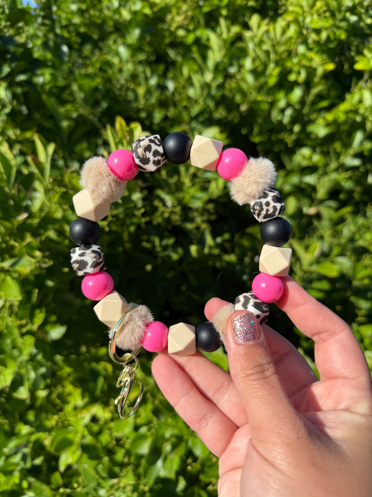 Pink Fuzzy Leopard Wristlet